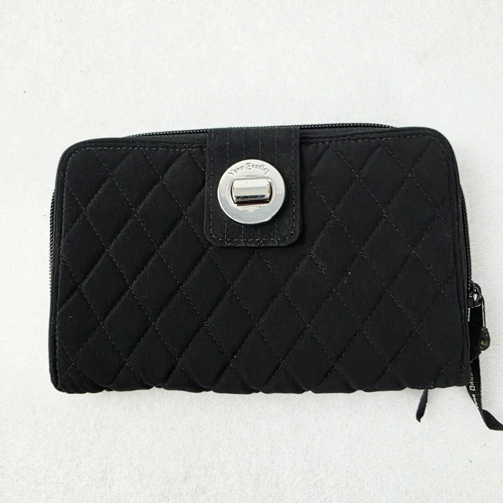 Vera Bradley Black Quilted Microfiber Turn Lock Zip Around Wallet Organizer